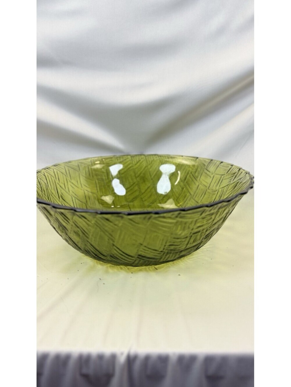 Indiana Glass basket weave bowl in avocado green. 9 Inches Wide 4 In Deep